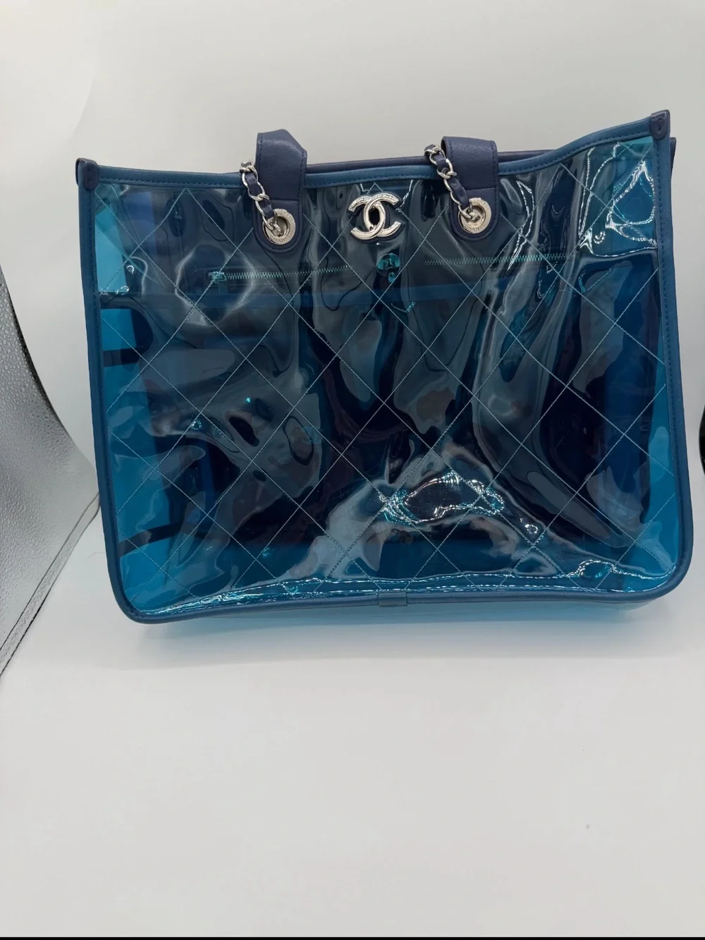 CHANEL Blue Quilted PVC Tote with Silver Chain CC